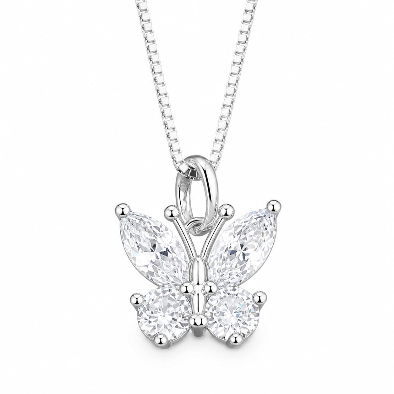 Warm Fortune Butterfly Pendant Necklace for Women, 18K White Gold Plated Brass, Pink or Clear CZ, 18 Inch Chain, CZ Color Options