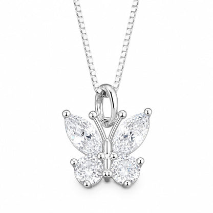 Warm Fortune Butterfly Pendant Necklace for Women, 18K White Gold Plated Brass, Pink or Clear CZ, 18 Inch Chain, CZ Color Options