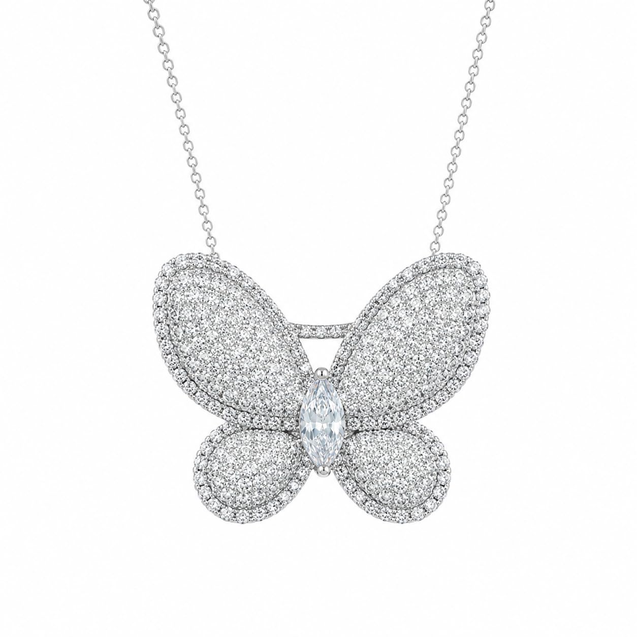 Warm Fortune Butterfly Pendant Necklace for Women, 18K White Gold Plated with Sparkling CZ