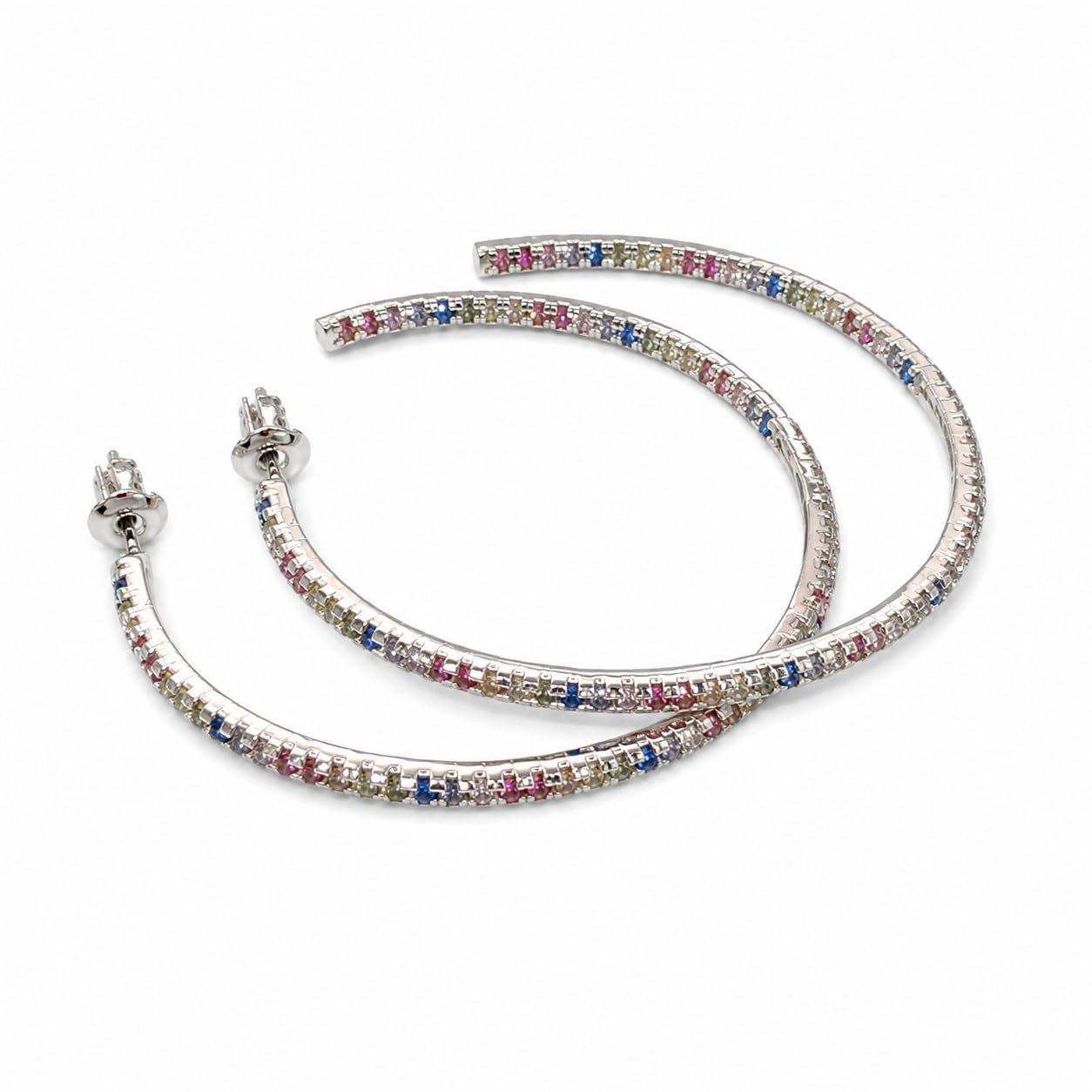 Warm Fortune 18K White Gold Plated Multicolor CZ Large Hoop Earrings
