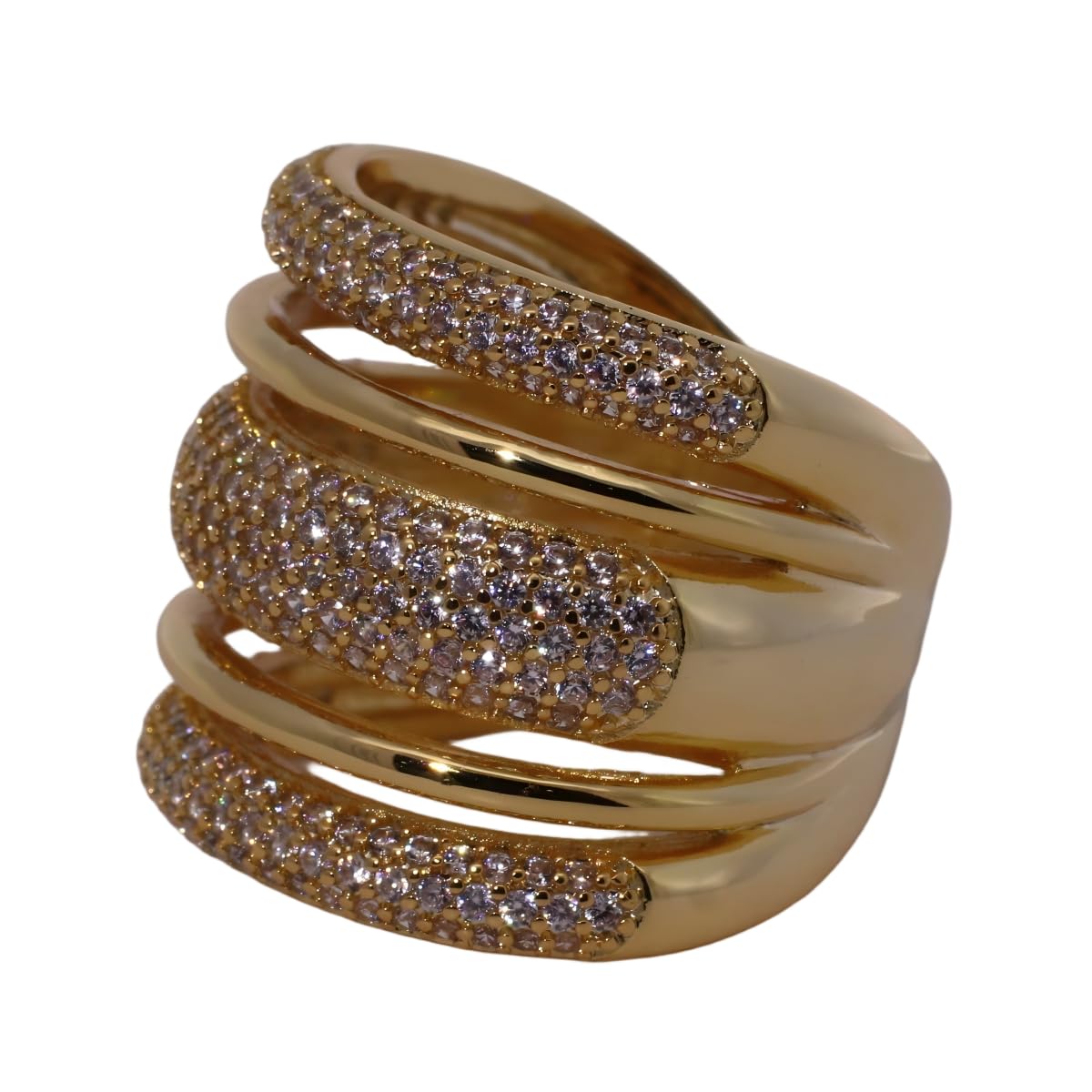 Warm Fortune Three-Layer Full Paved Band Ring Set - 18K Gold Plated Cubic Zirconia Stackable Gift for Women, Daily Fashion Wear & Casual Accessory, Trendy Street Wear, Size 6-9