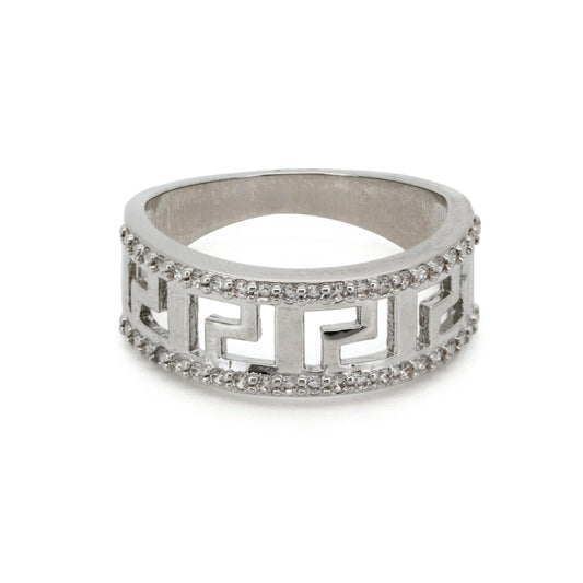 Warm Fortune Greek Key CZ Statement Ring for Women, 18K Gold Plated Wide Band Ring, Sparkling Meander Pattern Paved Ring, Retro Geometric Everyday Jewelry