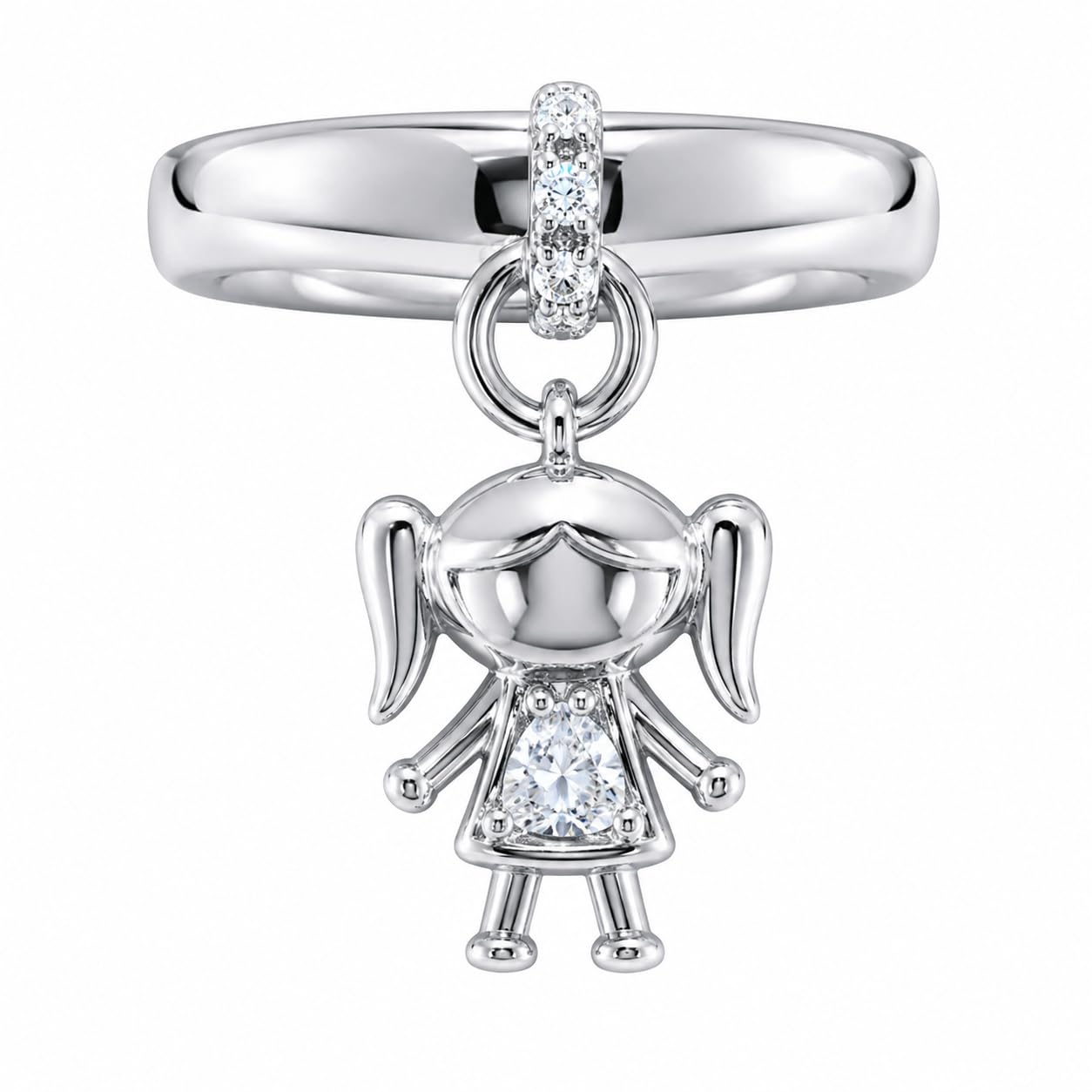Warm Fortune 18K Gold Plated Round Cut Cubic Zirconia Fun Stylized Figurine Dangle Charm Statement Ring, Movable Pendant Stackable Finger Jewelry for Adult Women, Size 6-9