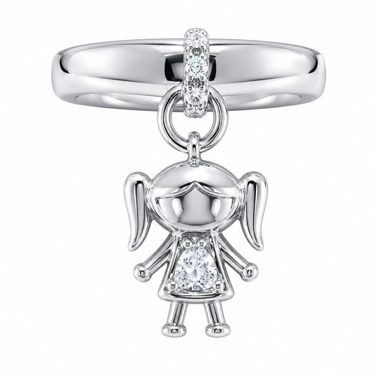 Warm Fortune Boy & Girl Figurine Dangle Charm Ring – 18K Gold Plated Cubic Zirconia, Sizes 6–9