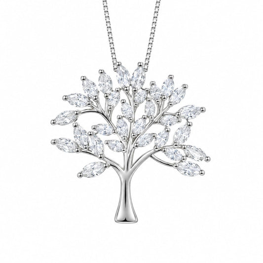 Warm Fortune 18K White Gold Plated CZ Tree of Life Pendant Necklace