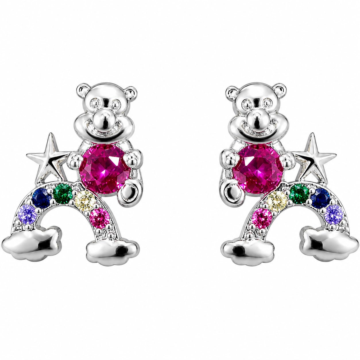 Warm Fortune 18K Gold Plated Bear Rainbow Multi Cubic Zirconia Stud Earrings for Adult Women Hypoallergenic - Valentine's Day, Mother's Day, Birthday Gift for Her