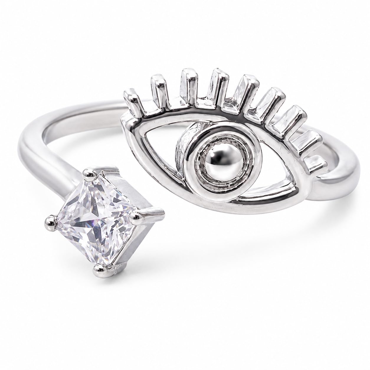Warm Fortune Evil‑Eye Open‑Bypass CZ Ring for Women, 18K White Gold Plated Square‑Shaped Cubic Zirconia Statement Band, Dainty Elegant Jewelry