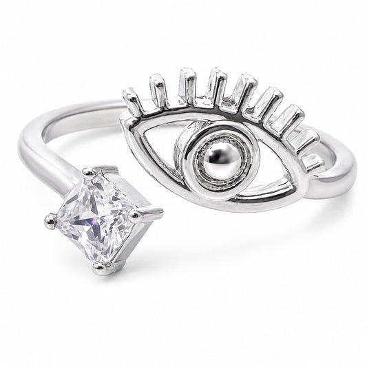 Warm Fortune Evil‑Eye Open‑Bypass CZ Ring for Women, 18K White Gold Plated Square‑Shaped Cubic Zirconia Statement Band, Dainty Elegant Jewelry