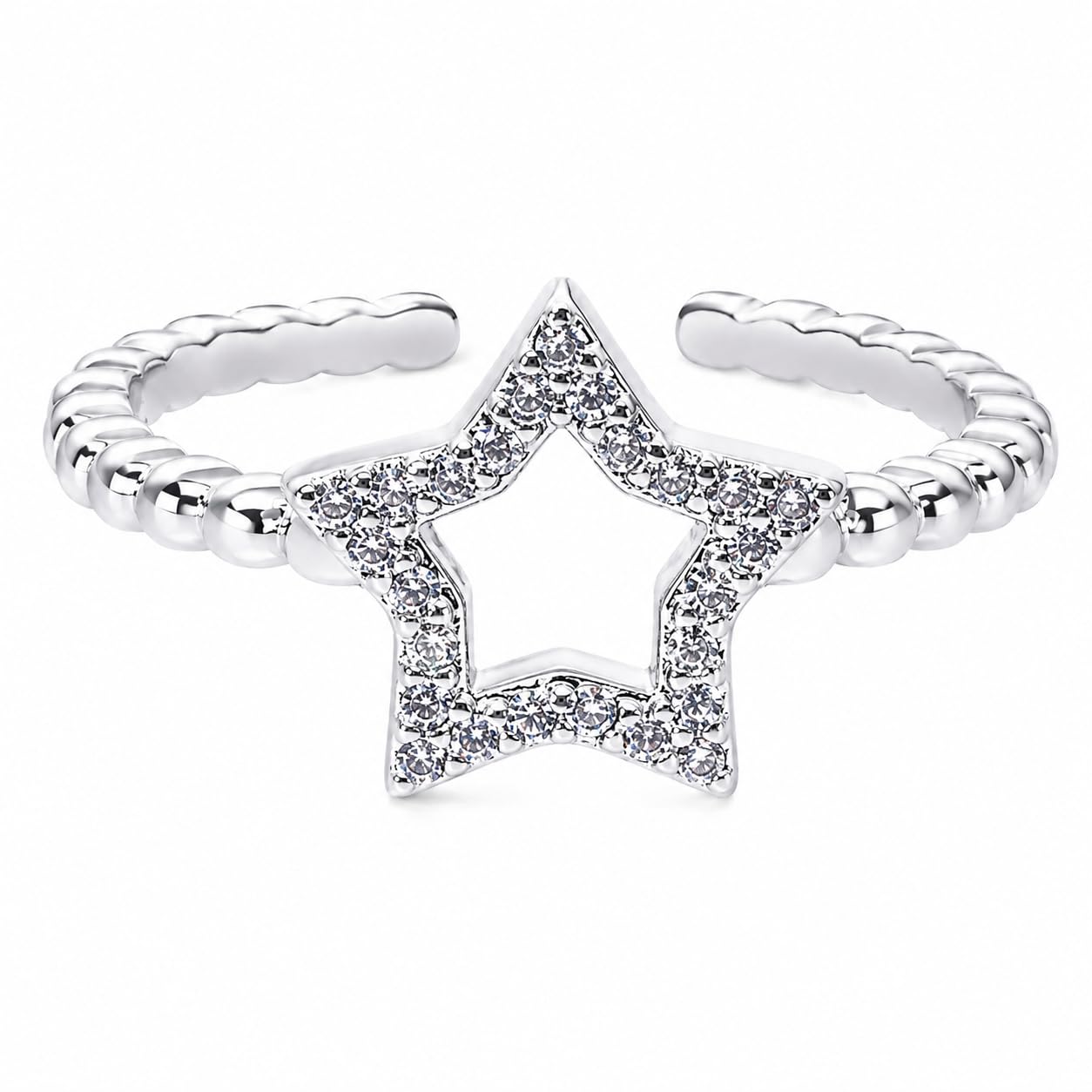 Warm Fortune Cutout Star Fashion Ring for Women, 18K White Gold Plated CZ Beaded Open Stackable Daily Jewelry