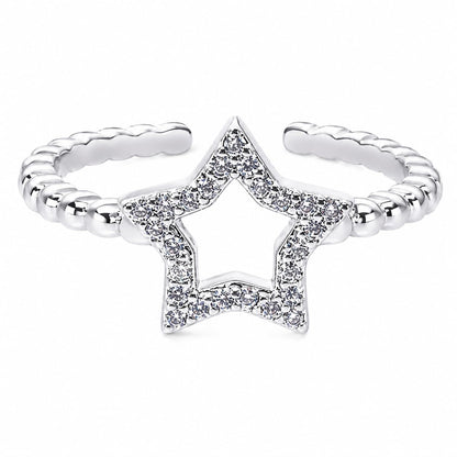 Warm Fortune Cutout Star Fashion Ring for Women, 18K White Gold Plated CZ Beaded Open Stackable Daily Jewelry