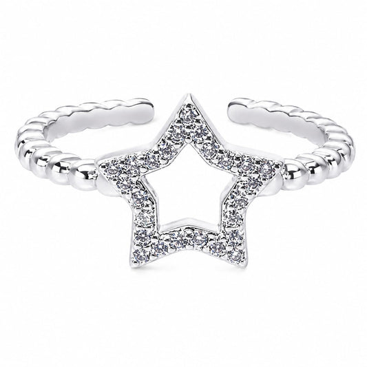Warm Fortune Cutout Star Fashion Ring for Women, 18K White Gold Plated CZ Beaded Open Stackable Daily Jewelry