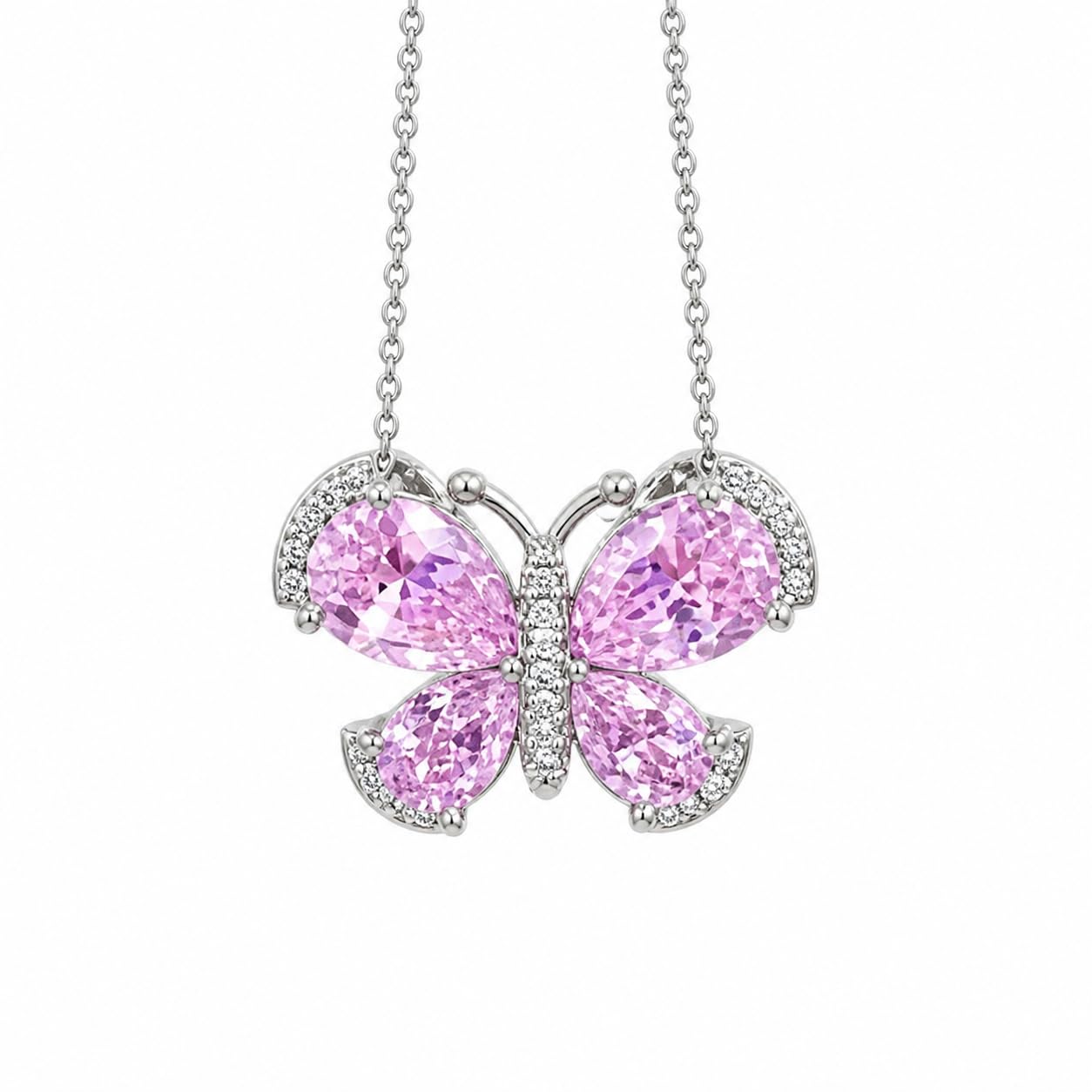 Warm Fortune Pink Butterfly Pendant Necklace for Women, 18K White Gold Plated, 18 Inch Chain with Sparkling CZ, Colorful & Elegant Statement Jewelry for Women