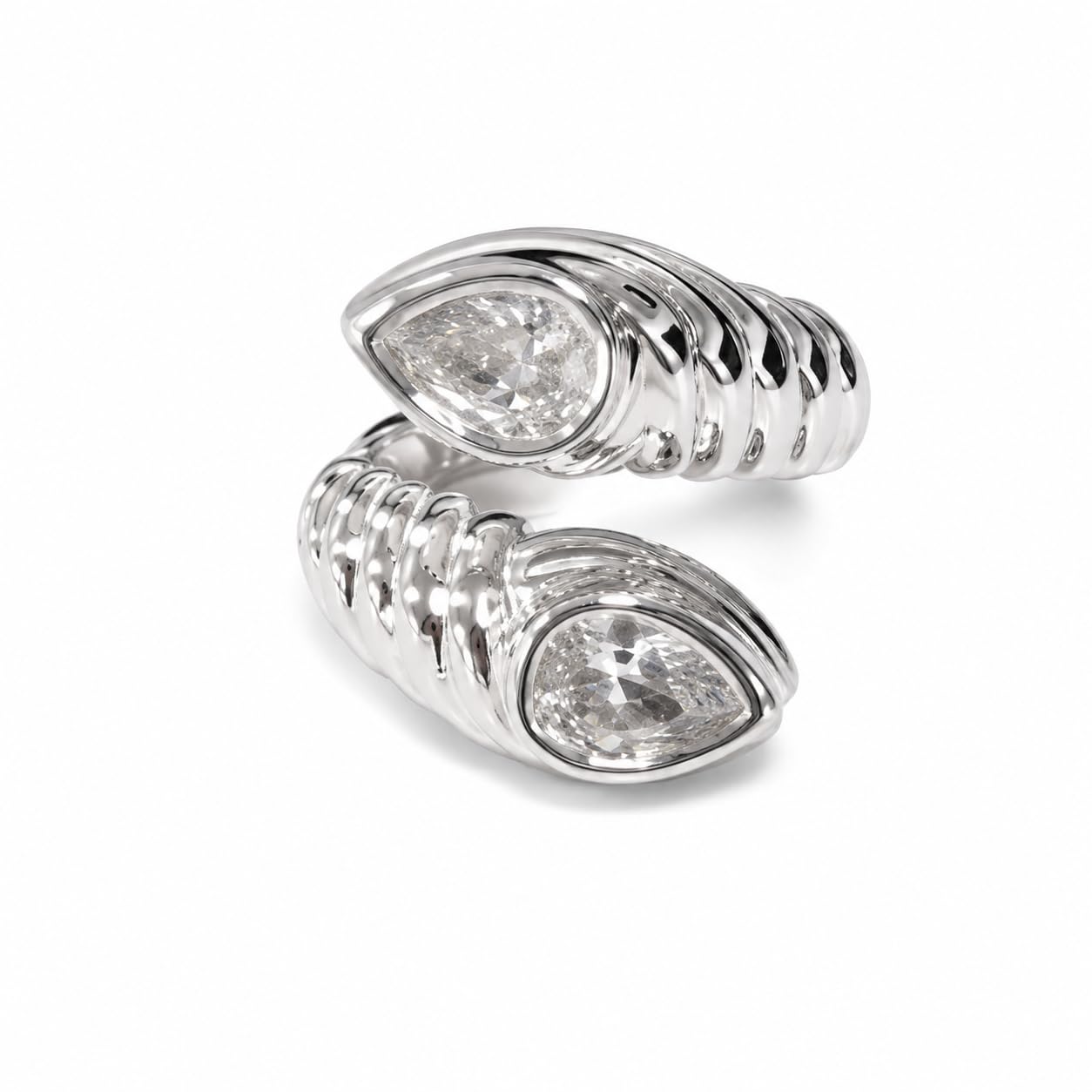Warm Fortune 18K White Gold Plated Pear CZ Ribbed Bypass Ring