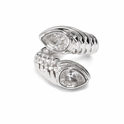 Warm Fortune 18K White Gold Plated Pear CZ Ribbed Bypass Ring