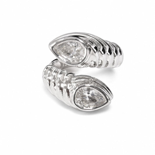 Warm Fortune 18K White Gold Plated Pear CZ Ribbed Bypass Ring