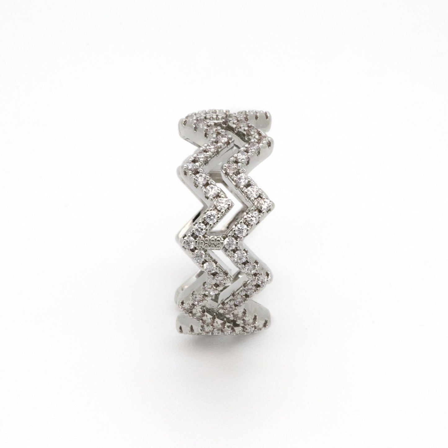 Warm Fortune Double Layer Wave Cubic Zirconia Ring for Women, 18K Gold Plated All-around Paved Band, Size 6-8