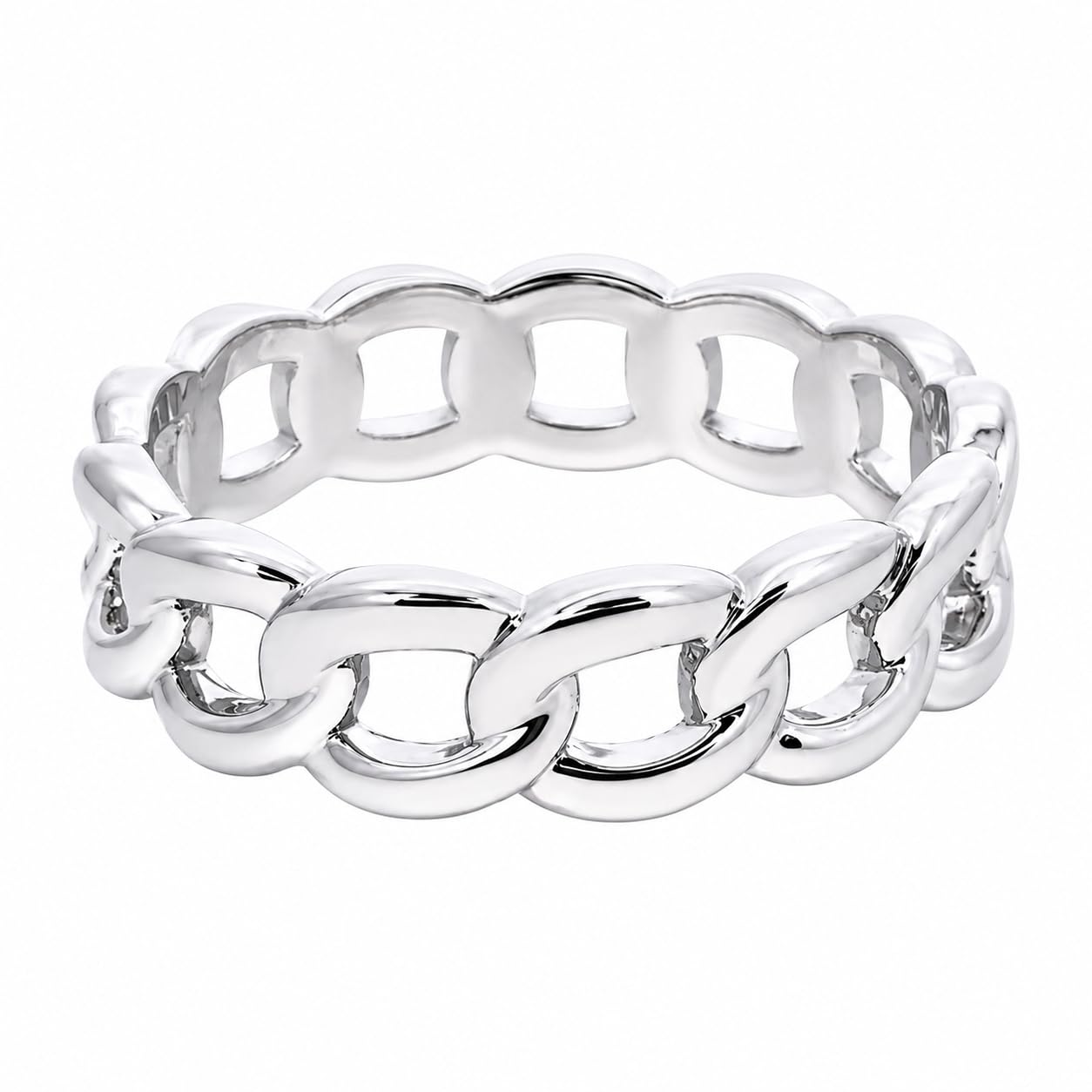 Warm Fortune Double Cuban Link Hollow Statement Ring for Women, 18K White Gold Plated Chunky Chain Band Minimalist Fashion Jewelry, Size 7-9