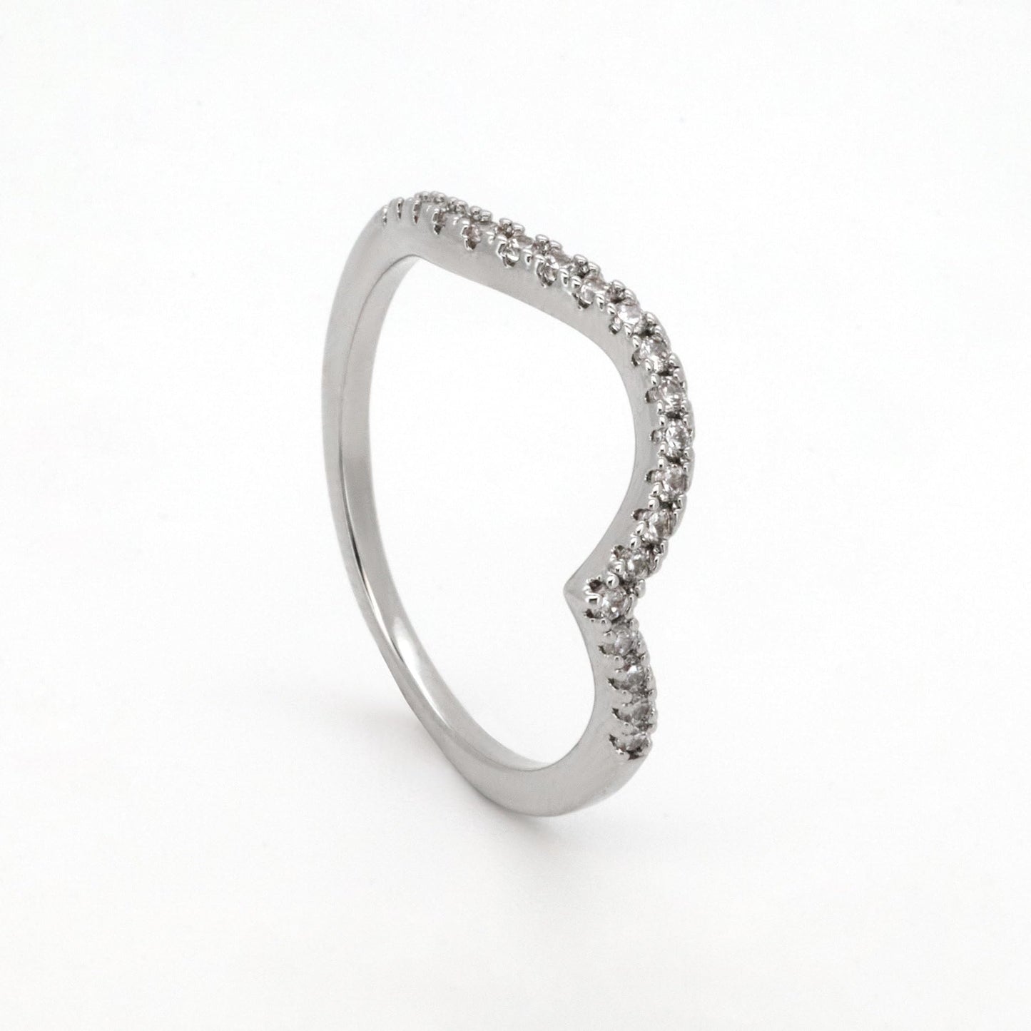 Warm Fortune V-Shape Pave CZ Stackable Band Ring for Women,18K Gold Plated Curved Wave Promise Wedding Jewelry Gift, Size 6-9