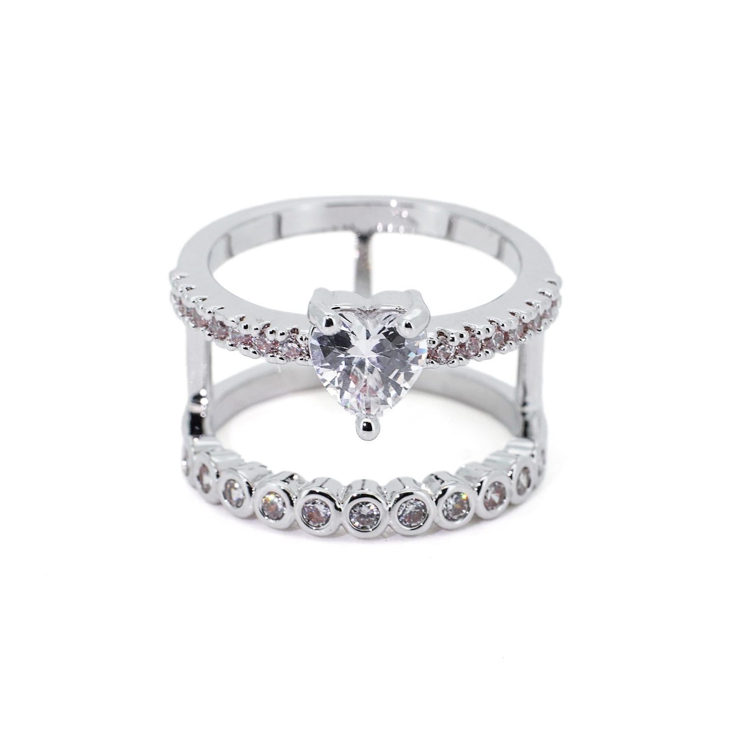 Warm Fortune Double Band Heart Cubic Zirconia Ring for Women, 18K Gold Plated Split Layered Band Jewelry for Daily Wear