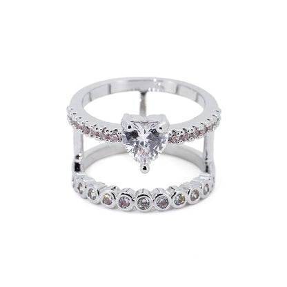 Warm Fortune Double Band Heart Cubic Zirconia Ring for Women, 18K Gold Plated Split Layered Band Jewelry for Daily Wear