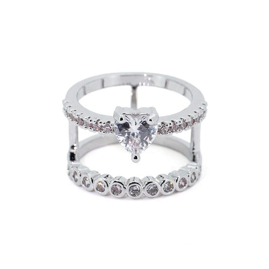 Warm Fortune Double Band Heart Cubic Zirconia Ring for Women, 18K Gold Plated Split Layered Band Jewelry for Daily Wear
