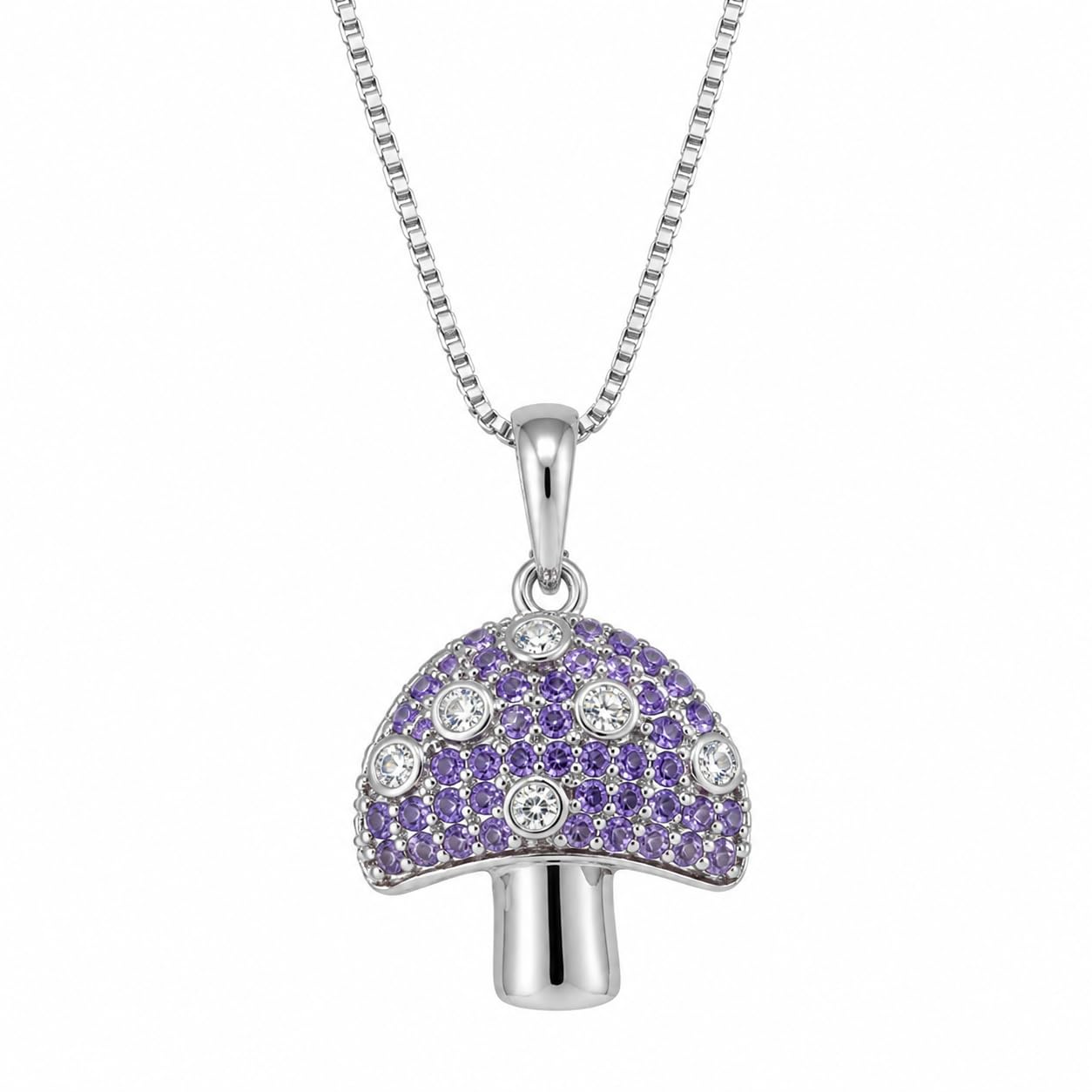Warm Fortune Mushroom Pendant Necklace for Women, 18K White Gold Plated Brass, Purple Pink and Clear CZ, 18 Inch Chain, CZ Color Options