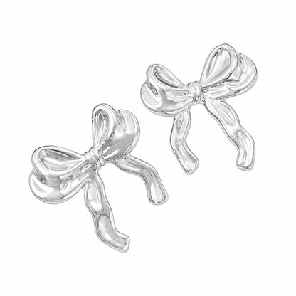 Warm Fortune 18K White Gold Plated Sculpted Ribbon Bow Stud Earrings