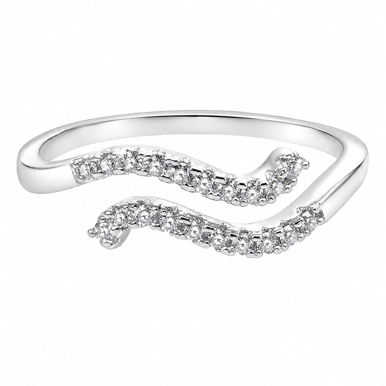 Warm Fortune Curved S Shaped Fashion Ring for Women, 18K White Gold Plated CZ Open Adjustable Daily Stackable Ring