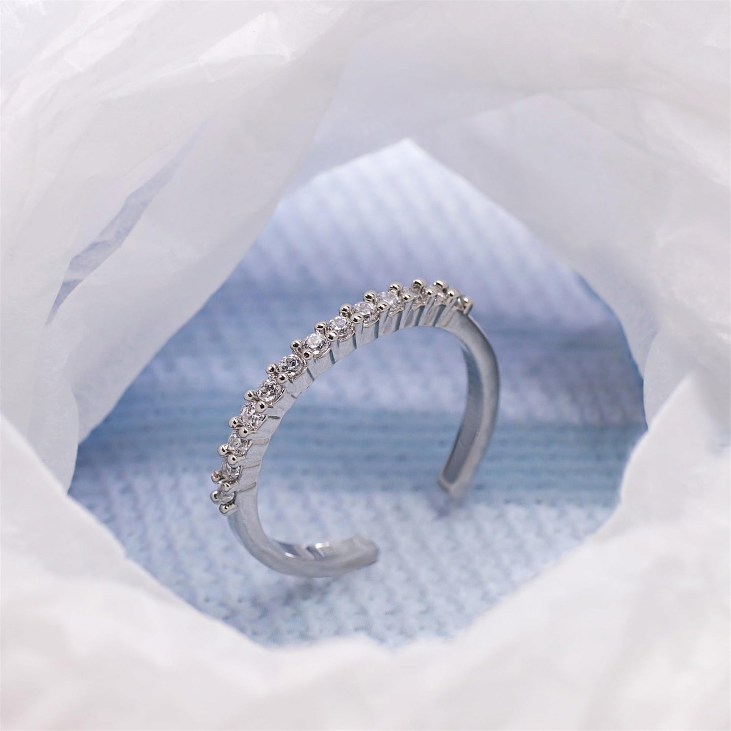 Warm Fortune Half Eternity Stackable Band Ring for Women - 18K Silver Plated Cubic Zirconia, Wedding & Daily Stack Jewelry Gift, Adjustable