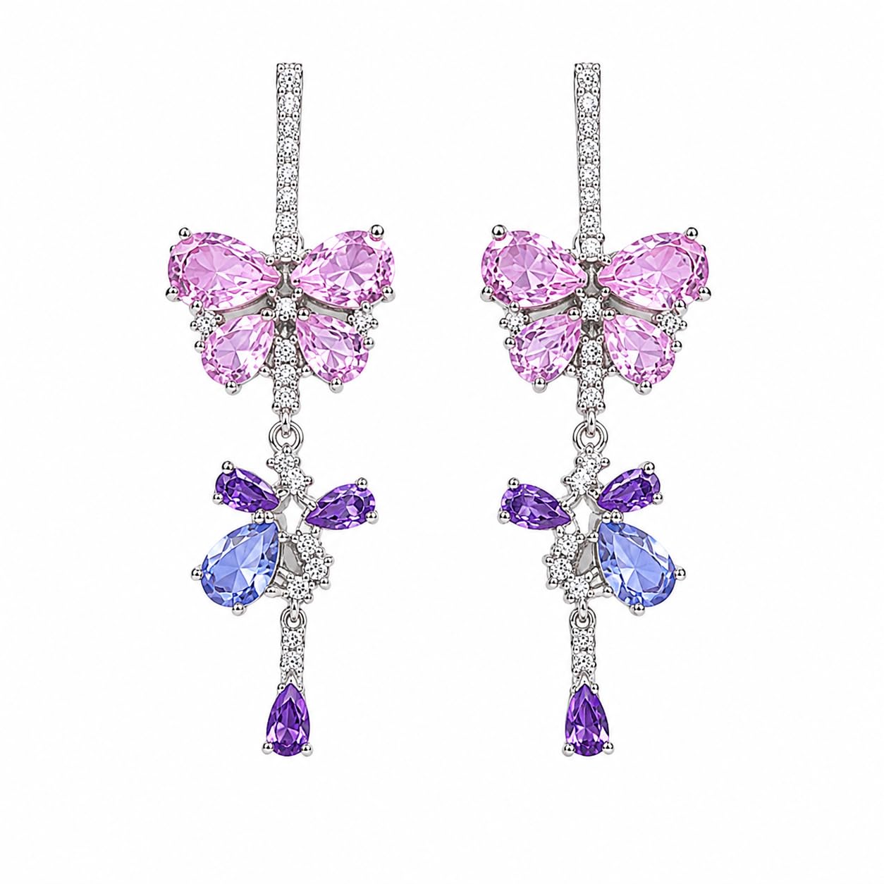 Warm Fortune 18K Gold Plated Pink Butterfly & Blue Purple Teardrop Cubic Zirconia Drop Earrings for Women Hypoallergenic - Valentine's Day, Mother's Day, Birthday Gift for Her