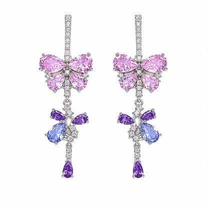 Warm Fortune 18K Gold Plated Pink Butterfly & Blue Purple Teardrop Cubic Zirconia Drop Earrings for Women Hypoallergenic - Valentine's Day, Mother's Day, Birthday Gift for Her