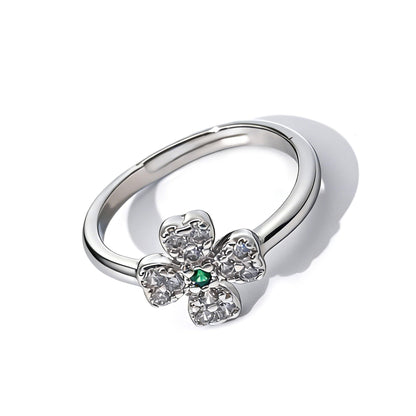 Warm Fortune Four-Leaf Clover Promise Ring for Her - 18K Gold Plated Cubic Zirconia, Stackable Gift Valentine's Day, Fashion & Daily Elegant Wear,Adjustable