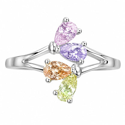 Warm Fortune Butterfly Ring for Women, 18K White Gold Plated Multicolor Pear-Shaped Cubic Zirconia Band, Dainty Elegant Jewelry