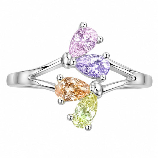 Warm Fortune Butterfly Ring for Women, 18K White Gold Plated Multicolor Pear-Shaped Cubic Zirconia Band, Dainty Elegant Jewelry
