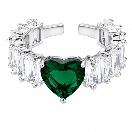 Warm Fortune 18K Gold Plated Heart Emerald Green Cubic Zirconia Statement Ring for Women, Baguette Side CZ Open Adjustable Stackable Luxury Jewelry Gift