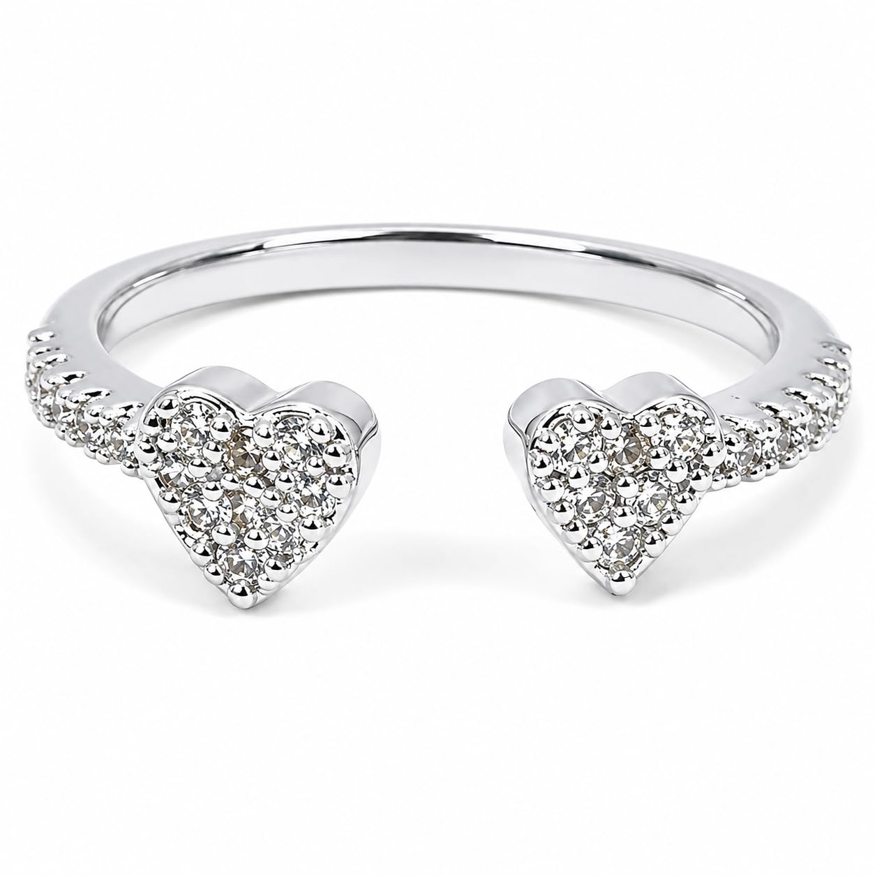 Warm Fortune Dual‑Heart Pave‑CZ Adjustable Open‑Bypass Ring for Women, 18K White Gold Plated Heart‑Shaped Cubic Zirconia Statement Band, Dainty Elegant Jewelry