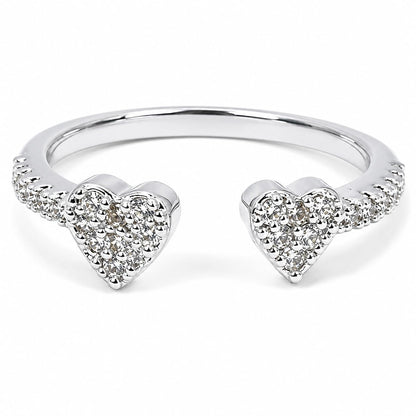 Warm Fortune Dual‑Heart Pave‑CZ Adjustable Open‑Bypass Ring for Women, 18K White Gold Plated Heart‑Shaped Cubic Zirconia Statement Band, Dainty Elegant Jewelry