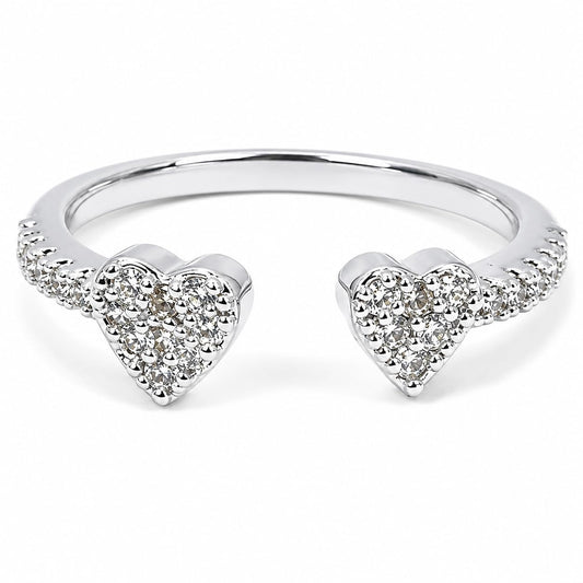 Warm Fortune Dual‑Heart Pave‑CZ Adjustable Open‑Bypass Ring for Women, 18K White Gold Plated Heart‑Shaped Cubic Zirconia Statement Band, Dainty Elegant Jewelry