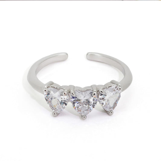 Warm Fortune 3 Heart Cut Cubic Zirconia Open Ring for Women, 18K Gold Plated Adjustable Stackable Heart Jewelry