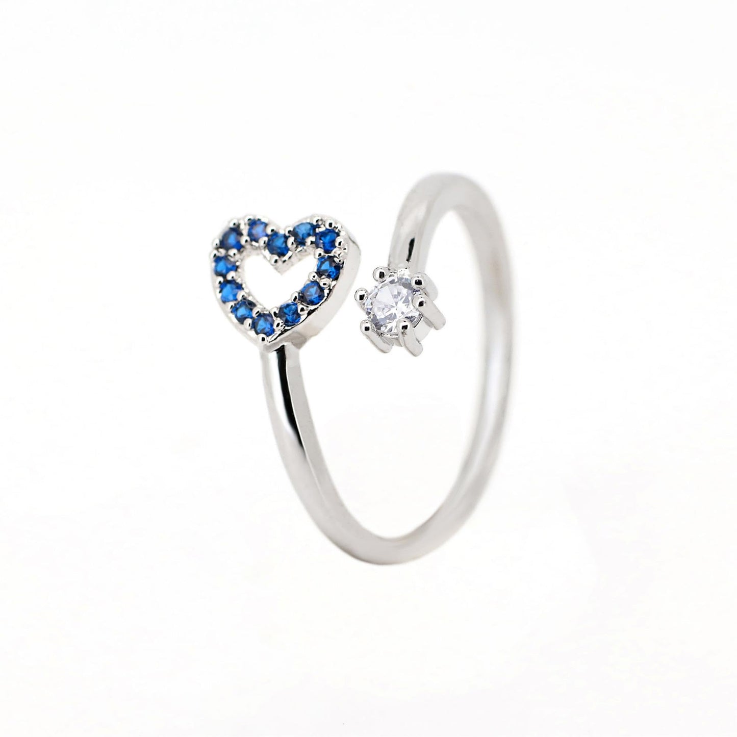 Warm Fortune Open Heart Blue CZ Split Shank Ring for Women,18K Gold Plated Single Round Clear CZ Stackable Promise Jewelry Gift