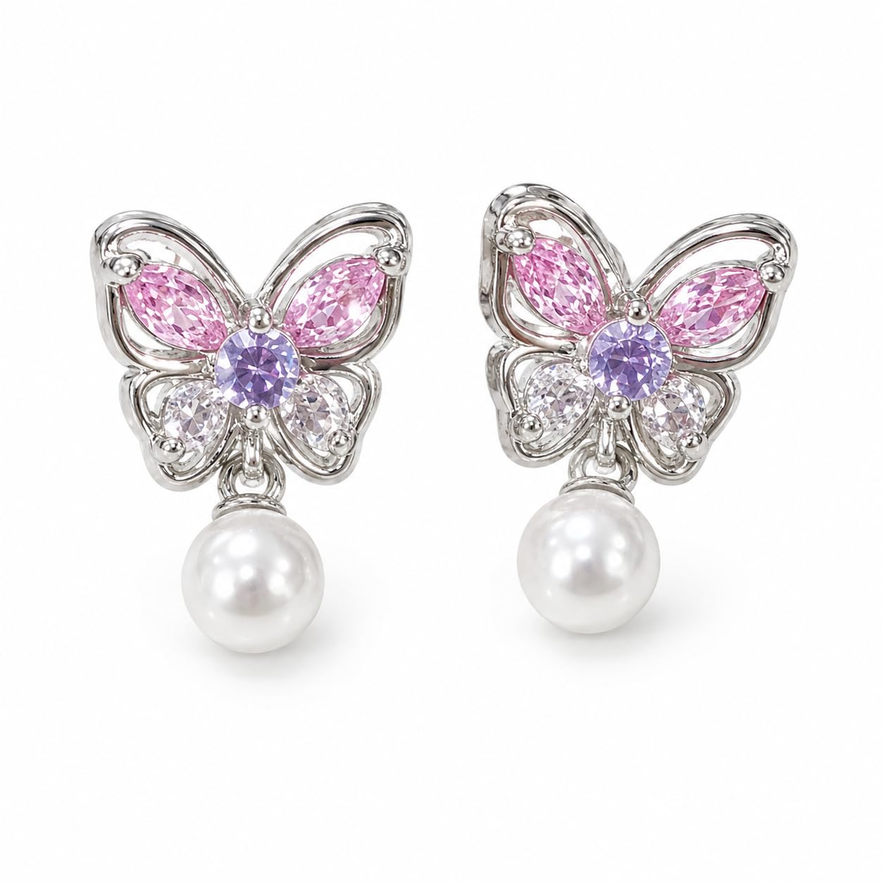 Warm Fortune 18K Gold Plated Butterfly Mixed Cut Cubic Zirconia & Shell Pearl Dangle Earrings for Women Hypoallergenic - Valentine's Day, Mother's Day, Birthday Gift for Her