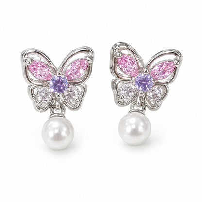 Warm Fortune 18K Gold Plated Butterfly Mixed Cut Cubic Zirconia & Shell Pearl Dangle Earrings for Women Hypoallergenic - Valentine's Day, Mother's Day, Birthday Gift for Her