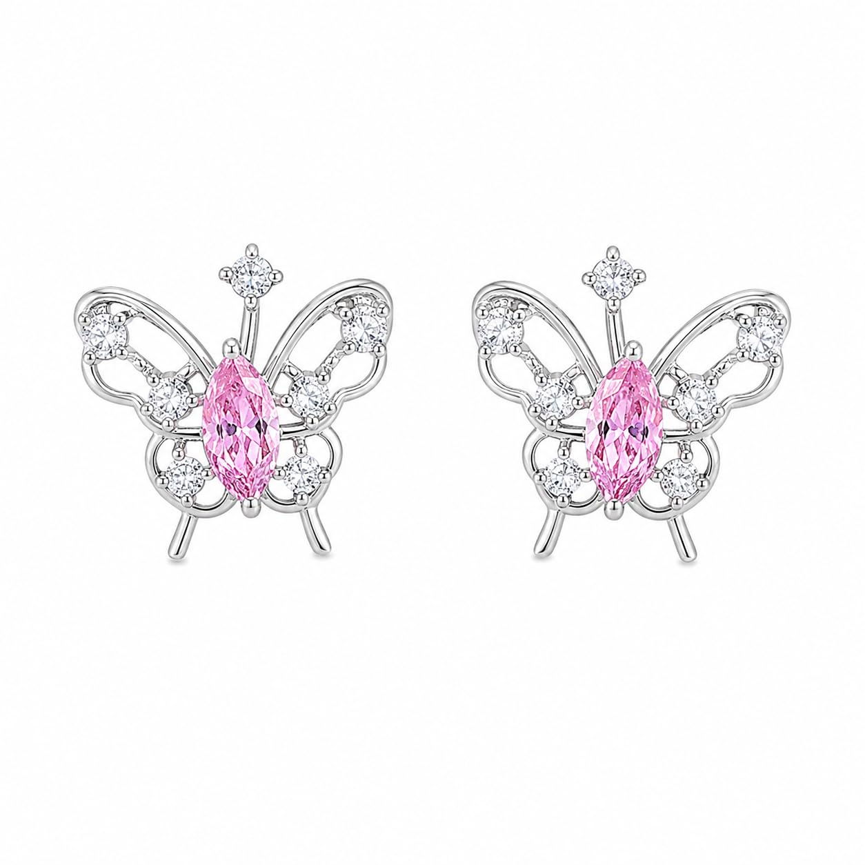 Warm Fortune 18K White Gold Plated Pink CZ Butterfly Stud Earrings