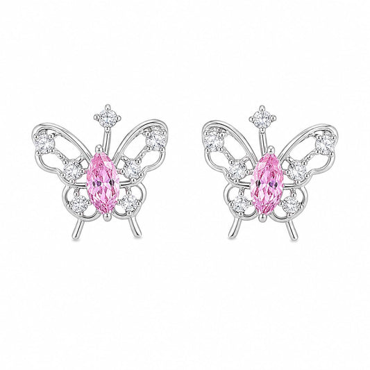Warm Fortune 18K White Gold Plated Pink CZ Butterfly Stud Earrings