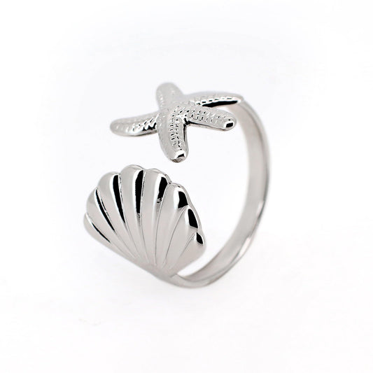 Warm Fortune 18K Gold Plated Starfish & Shell Open Ring, Adjustable Ocean Themed Statement Ring for Women