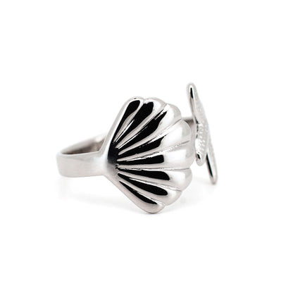 Warm Fortune 18K Gold Plated Starfish & Shell Open Ring, Adjustable Ocean Themed Statement Ring for Women