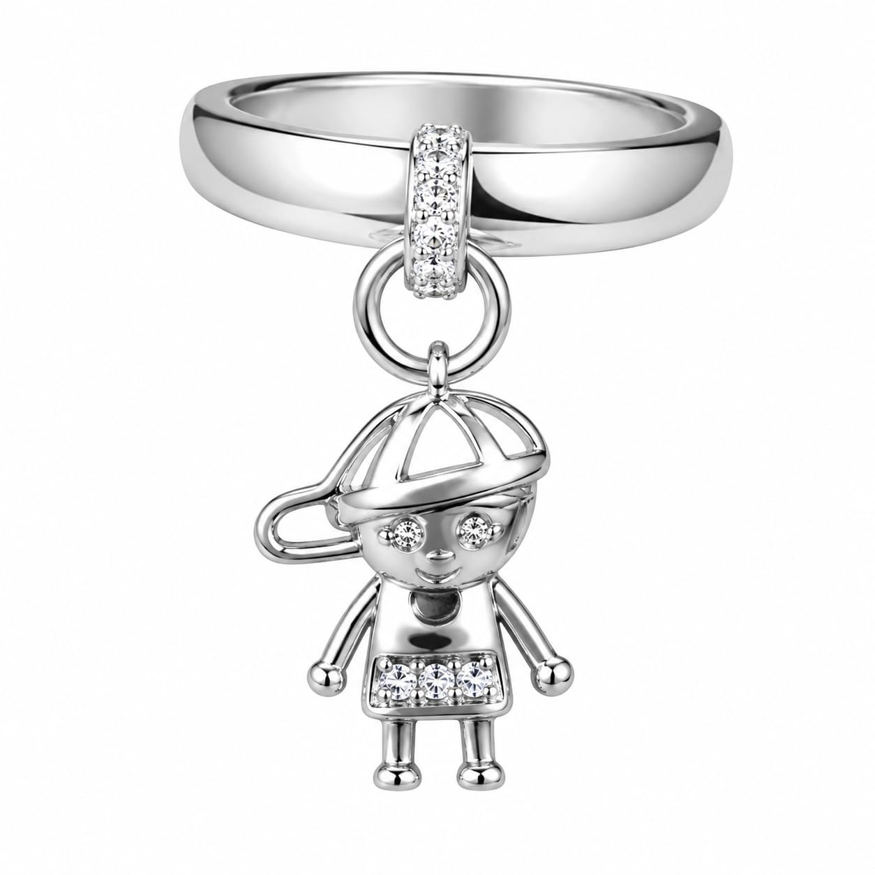 Warm Fortune 18K Gold Plated Round Cut Cubic Zirconia Fun Stylized Figurine Dangle Charm Statement Ring, Movable Pendant Stackable Finger Jewelry for Adult Women, Size 6-9
