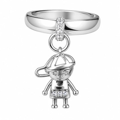 Warm Fortune 18K Gold Plated Round Cut Cubic Zirconia Fun Stylized Figurine Dangle Charm Statement Ring, Movable Pendant Stackable Finger Jewelry for Adult Women, Size 6-9