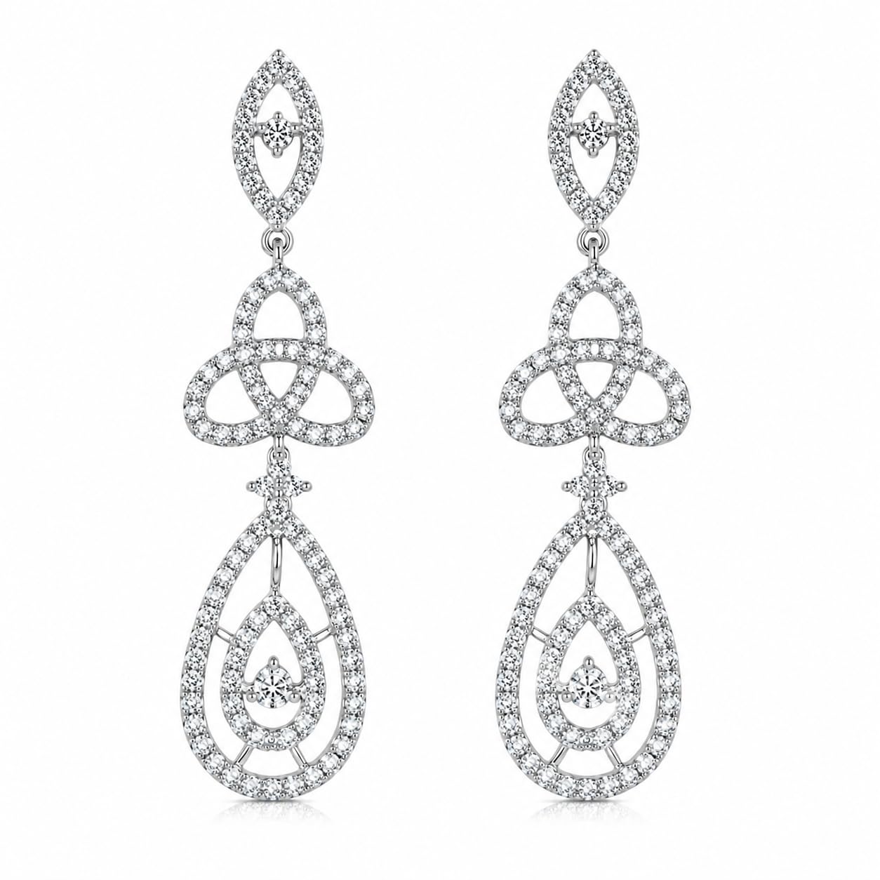 Warm Fortune 18K White Gold Plated CZ Knot Teardrop Dangle Earrings