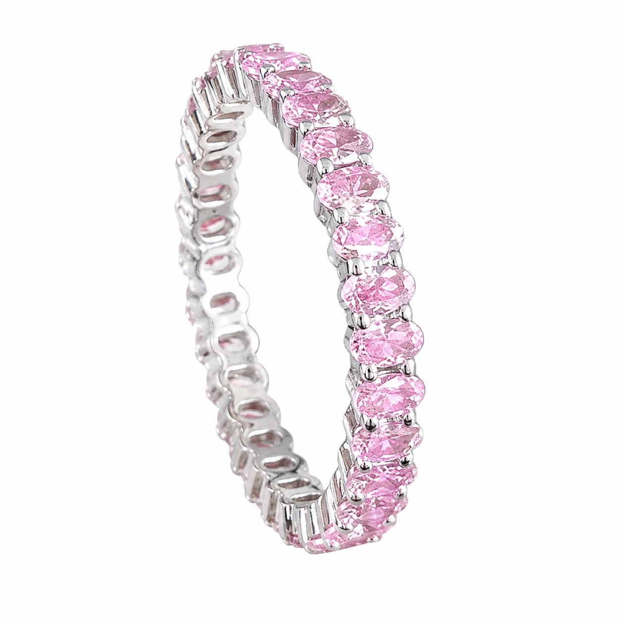 Warm Fortune Full Eternity Oval Cut Pave Band Statement Ring for Women, 18K White Gold Plated Claw Set Cubic Zirconia Stackable Fashion Jewelry, Size 5-8